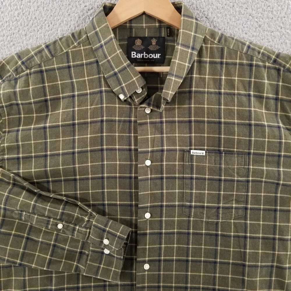 Barbour Shirt Mens XXL Green Plaid Button Down Brushed Cotton Flannel Casual